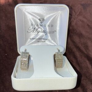 Diamond Supply Co Silver Hoop Earrings with Sparkling Greek key art Design